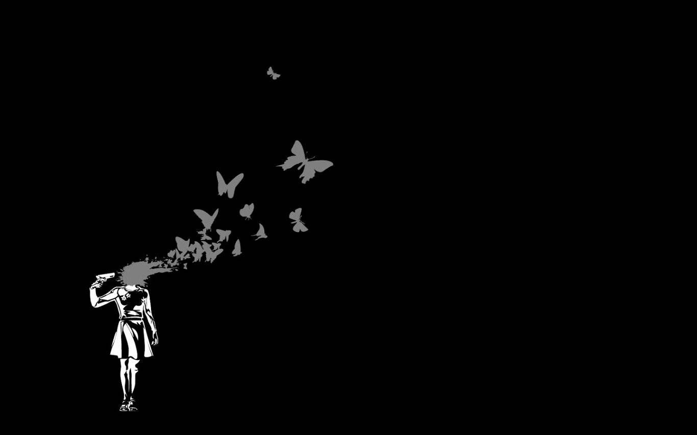 Dark Aesthetic Computer 桌布 壁紙 — 一個鮮明的黑白插圖，描繪一個人物，蝴蝶從他們的頭部飛出，背景是虛無的。