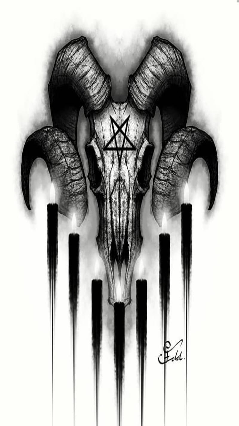 公羊頭骨帶有五角星和蠟燭的黑白插圖。 — 惡魔動圖 壁紙