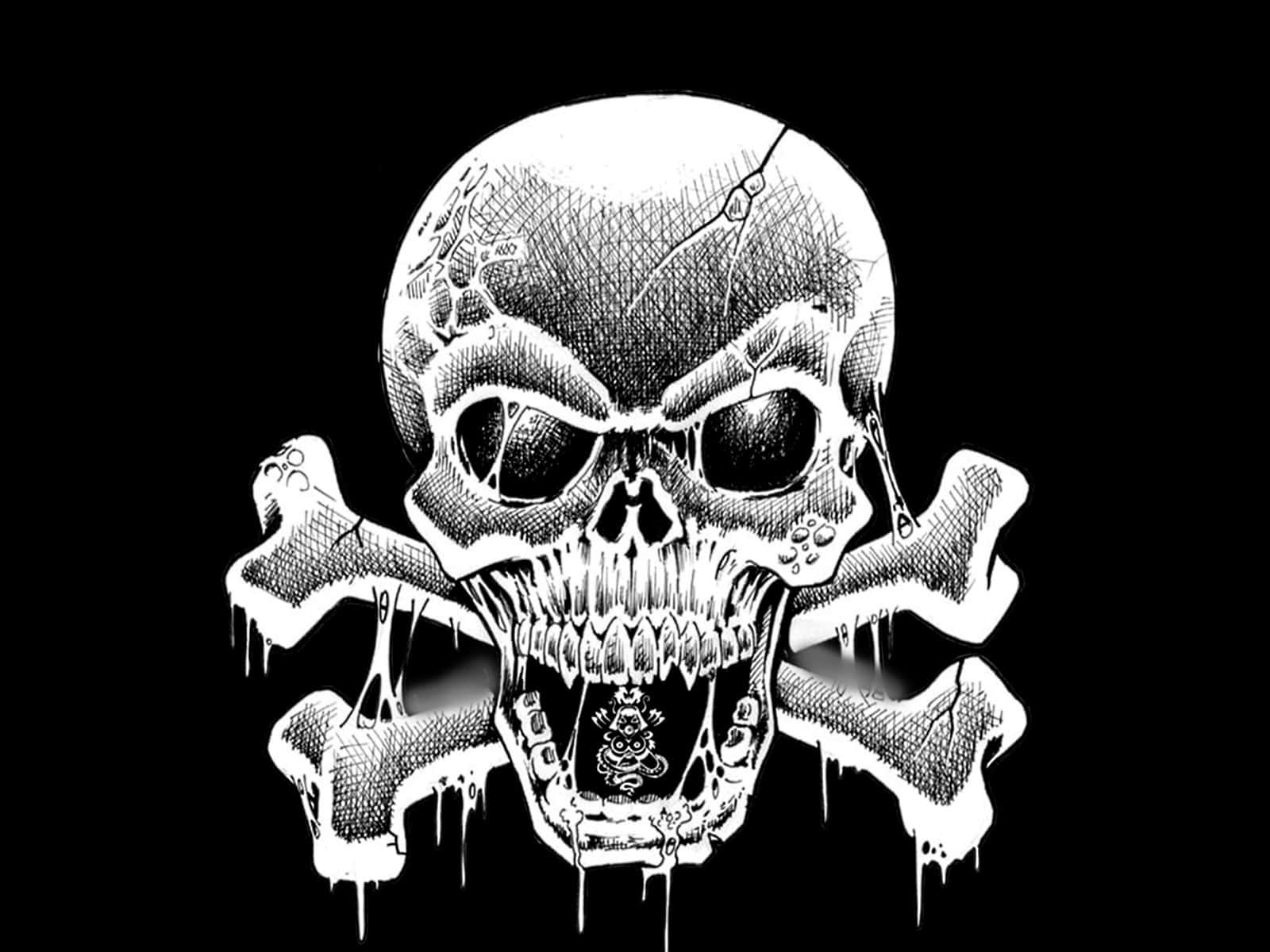 Cool Skull 桌布 壁紙 — 一個鮮明的黑白插圖，描繪一個帶有交叉骨頭、滴著液體的可怕骷髏頭，背景為純黑色。