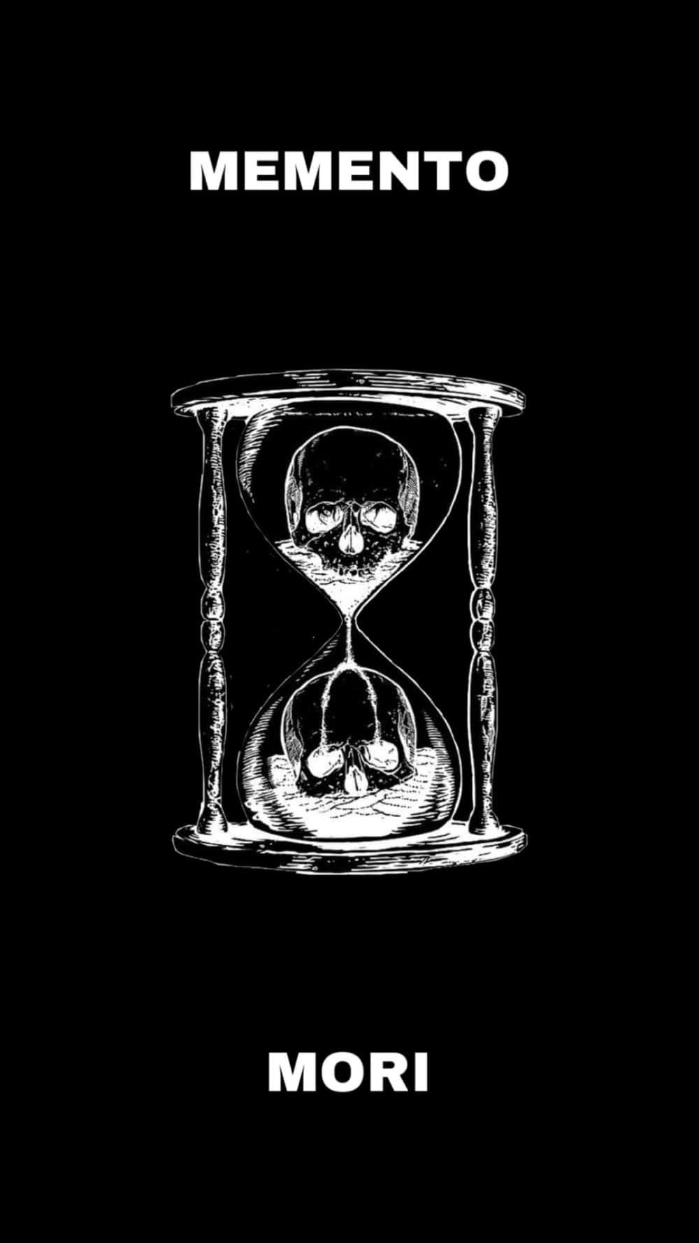 Memento Mori 桌布 壁紙 — 一個鮮明的黑白插圖，描繪了一個沙漏，每個腔室內都有頭骨，背景為純黑色。