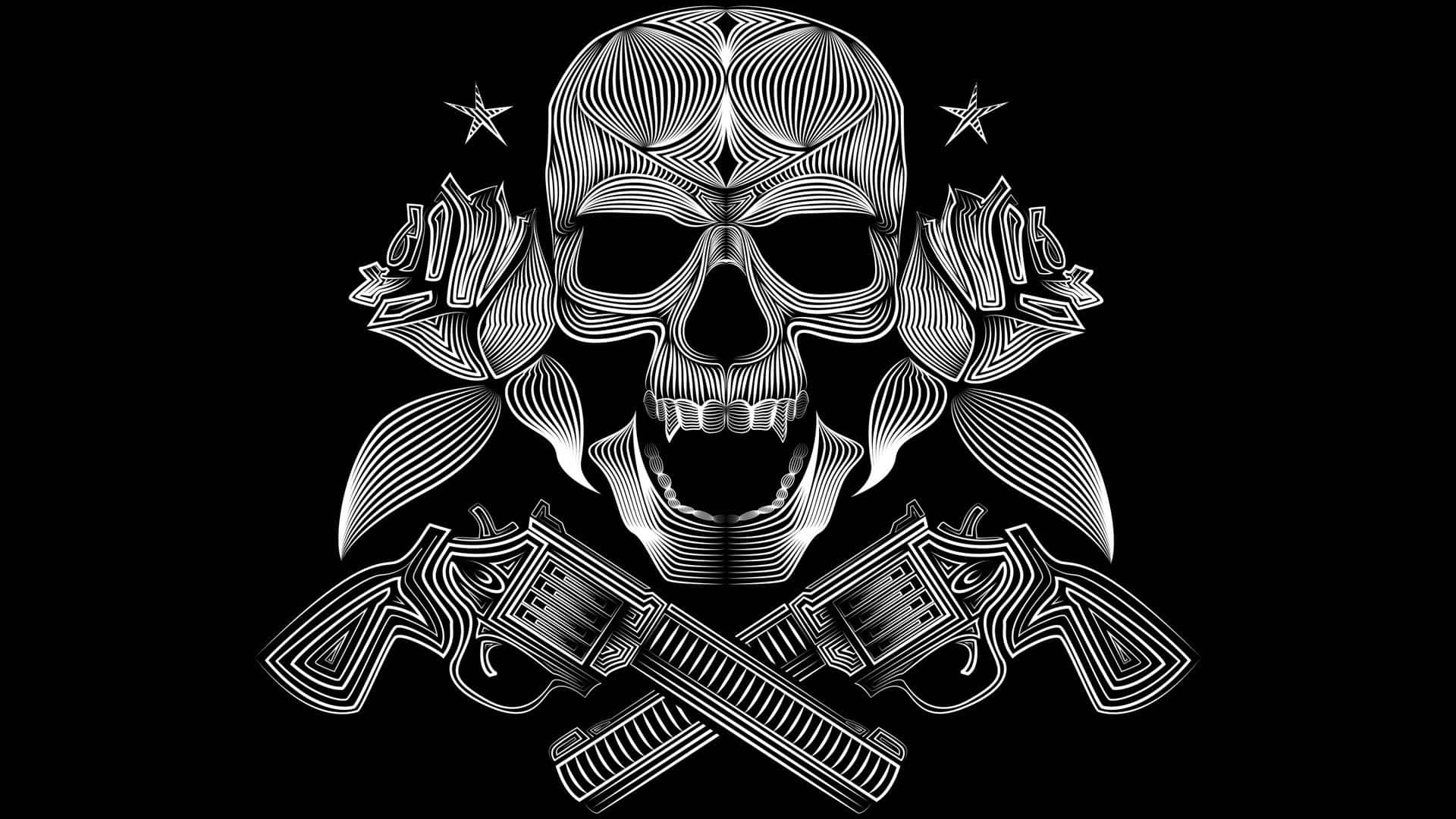 Dope Gangster 桌布 壁紙 — 一個鮮明的黑白插圖，描繪了一個被玫瑰環繞的頭骨，下方有交叉的左輪手槍，以複雜的線條藝術呈現。