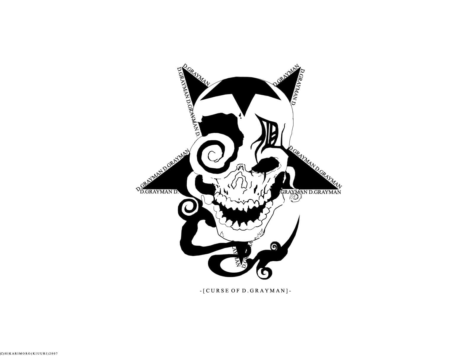 動漫 桌布 壁紙 — 一個鮮明的黑白插圖，描繪了一個風格化的頭骨，帶有漩渦圖案和星形框架，並重複出現D.Gray-man文字。