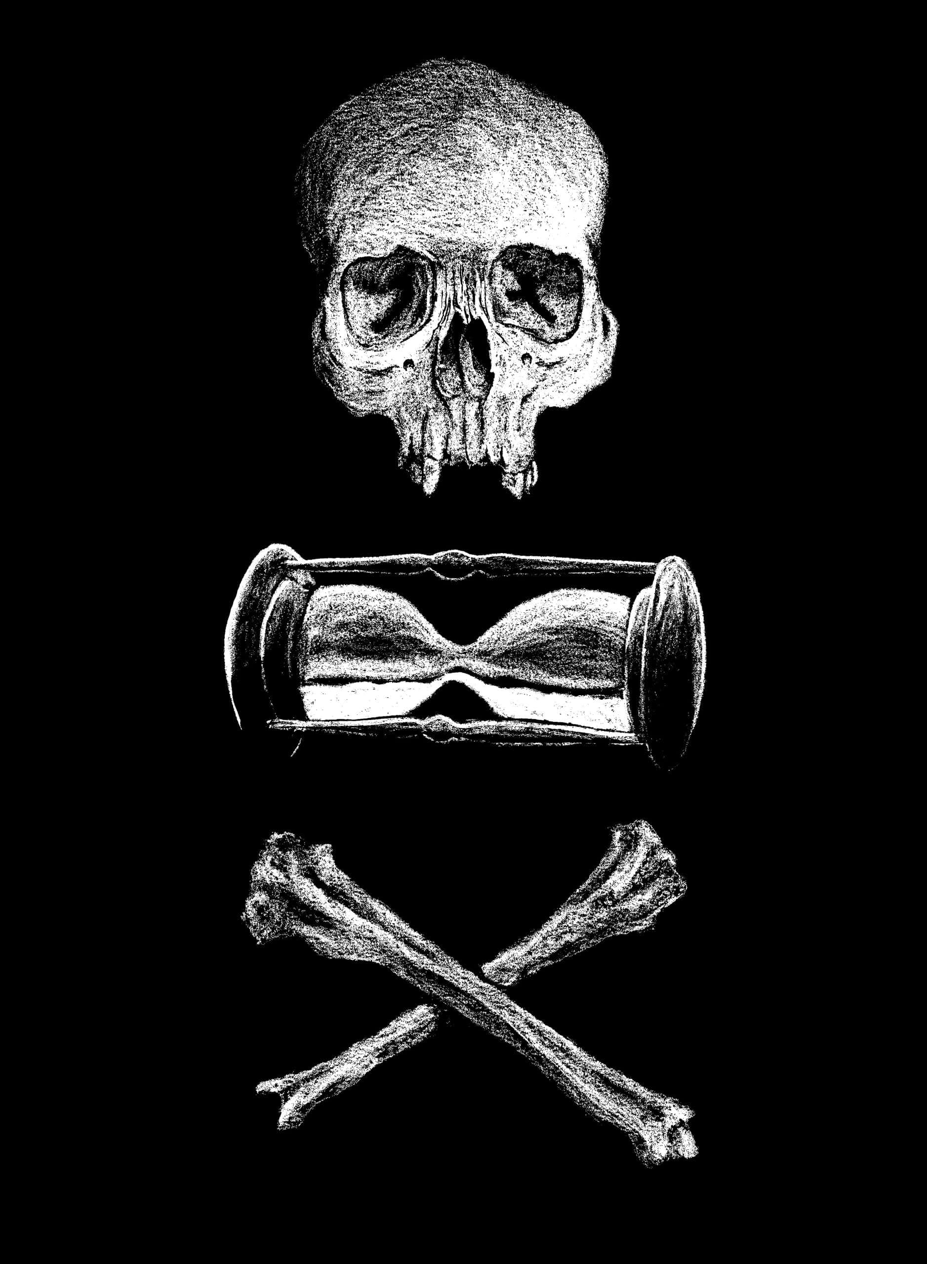 Memento Mori 桌布 壁紙 — 一個鮮明的黑白插圖，描繪了一個骷髏沙漏和交叉骨頭，背景是虛無的。
