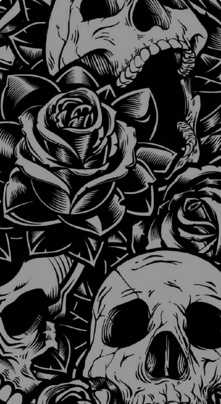 skulls 桌布 壁紙 — 一個鮮明的黑白插圖，描繪骷髏頭與玫瑰交織的重複圖案。