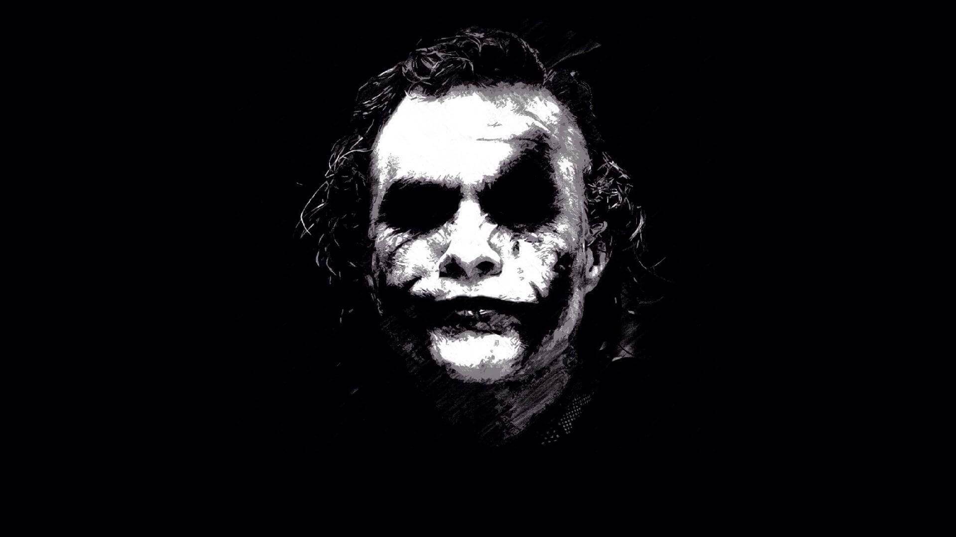 Black And White Joker 桌布 壁紙 — 一個鮮明的黑白數位藝術肖像，小丑帶著化開的化妝，背景是純黑色。