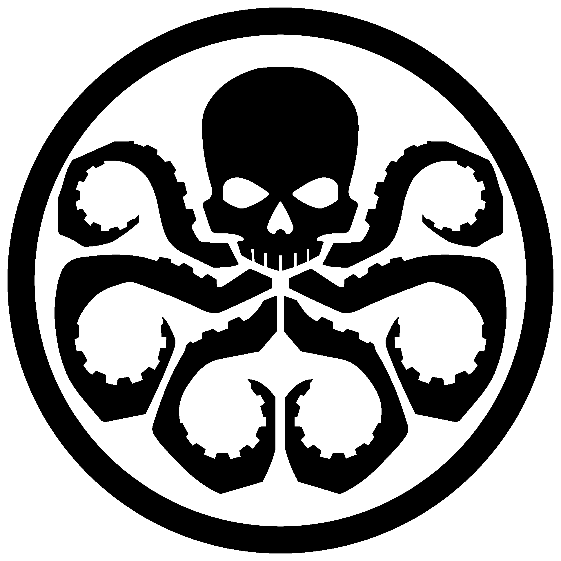 hydra 桌布 壁紙 — 一個鮮明的黑白標誌，在圓形邊框內有一個帶有四個齒輪狀手臂的骷髏頭。
