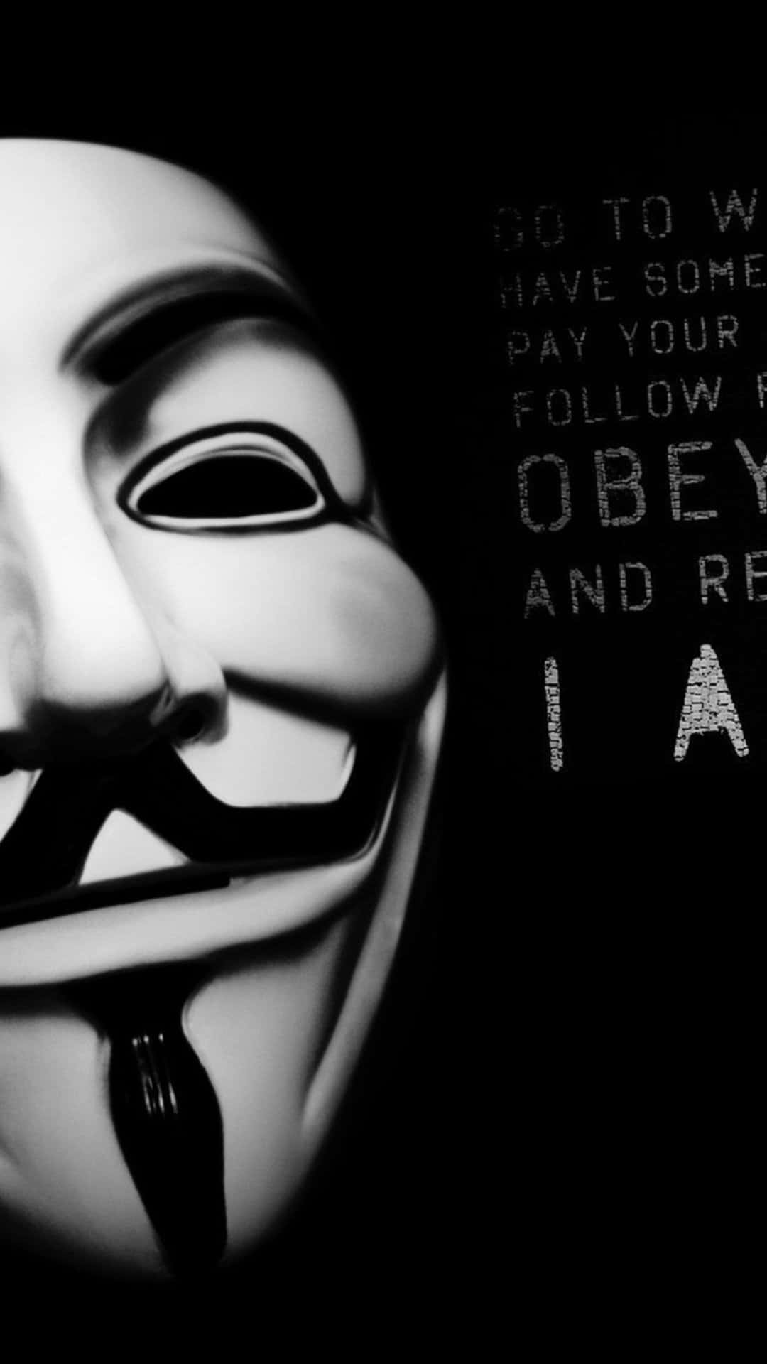 Anonymous iPhone 桌布 壁紙 — 一個鮮明的黑白特寫，顯示一個蓋伊·福克斯面具，上面有粗體文字「OBEY」，背景為深色。
