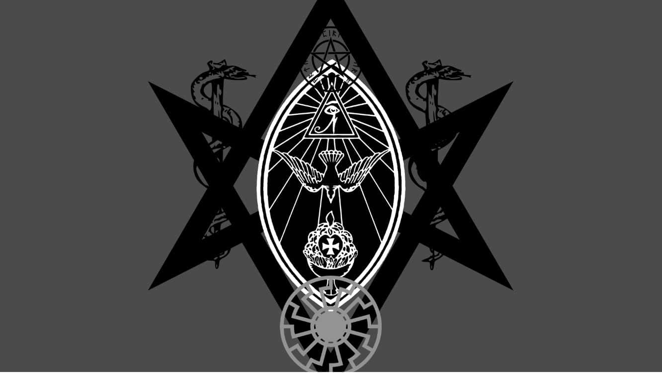 Occult 桌布 壁紙 — 一個鮮明的黑白神秘符號，在灰色背景上呈現一個帶有三角形眼睛、翅膀和蛇的星形圖案。