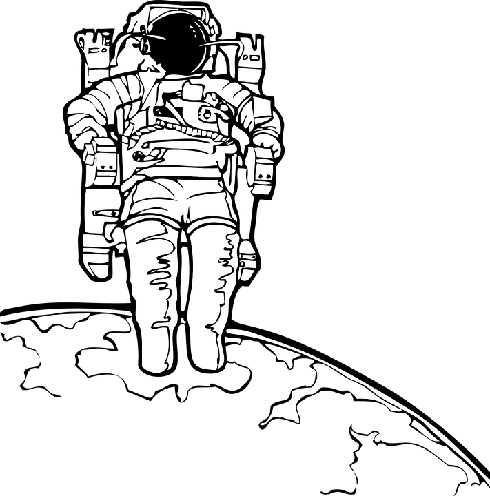 Spaceman 桌布 壁紙 — 一個鮮明的黑白線條藝術太空人站在一個行星的彎曲地平線上，背景是虛空。