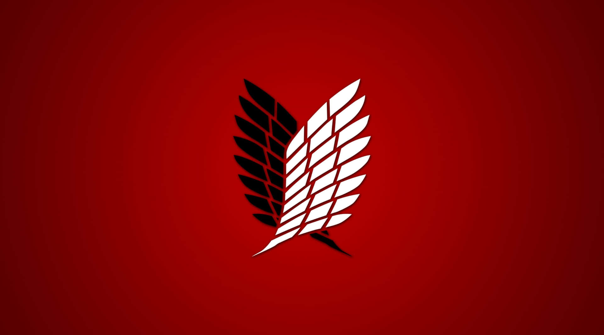 Aot Wings Of Freedom 桌布 壁紙 — 一個鮮明的黑白翼形徽章，居中於深紅色漸變背景上。