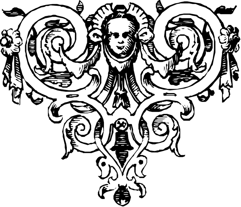 Victorian 桌布 壁紙 — 一個鮮明的黑白華麗對稱設計，中央有一張臉，兩側是漩渦圖案，下方有鏡像。