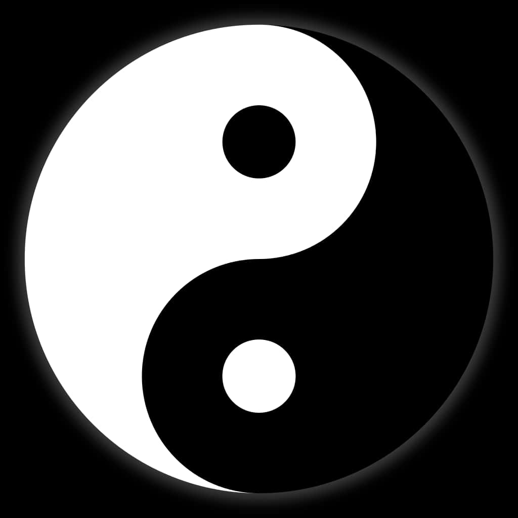 Yin Yang 4K 桌布 壁紙 — 一個鮮明的黑白陰陽符號，在黑暗背景上柔和地發光。