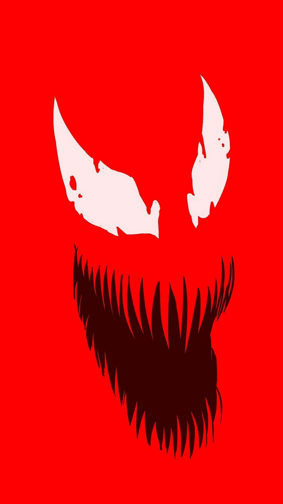 Carnage iPhone 桌布 壁紙 — 一個鮮明的黑白風格化面孔，帶有鋒利的牙齒和尖銳的眼睛，背景是鮮紅色。