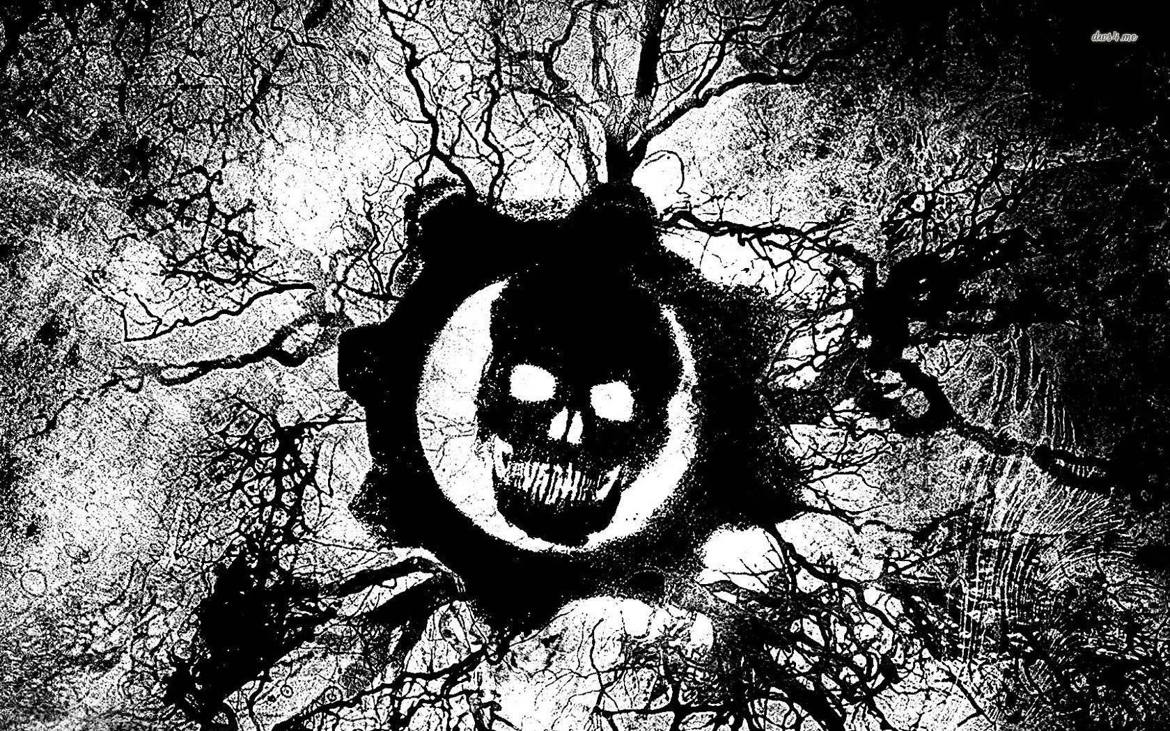 Pain Black And White 桌布 壁紙 — 一個鮮明的黑白骷髏頭，帶有發光的眼睛，從一個裂紋紋理表面中浮現，周圍環繞著混亂的線條。