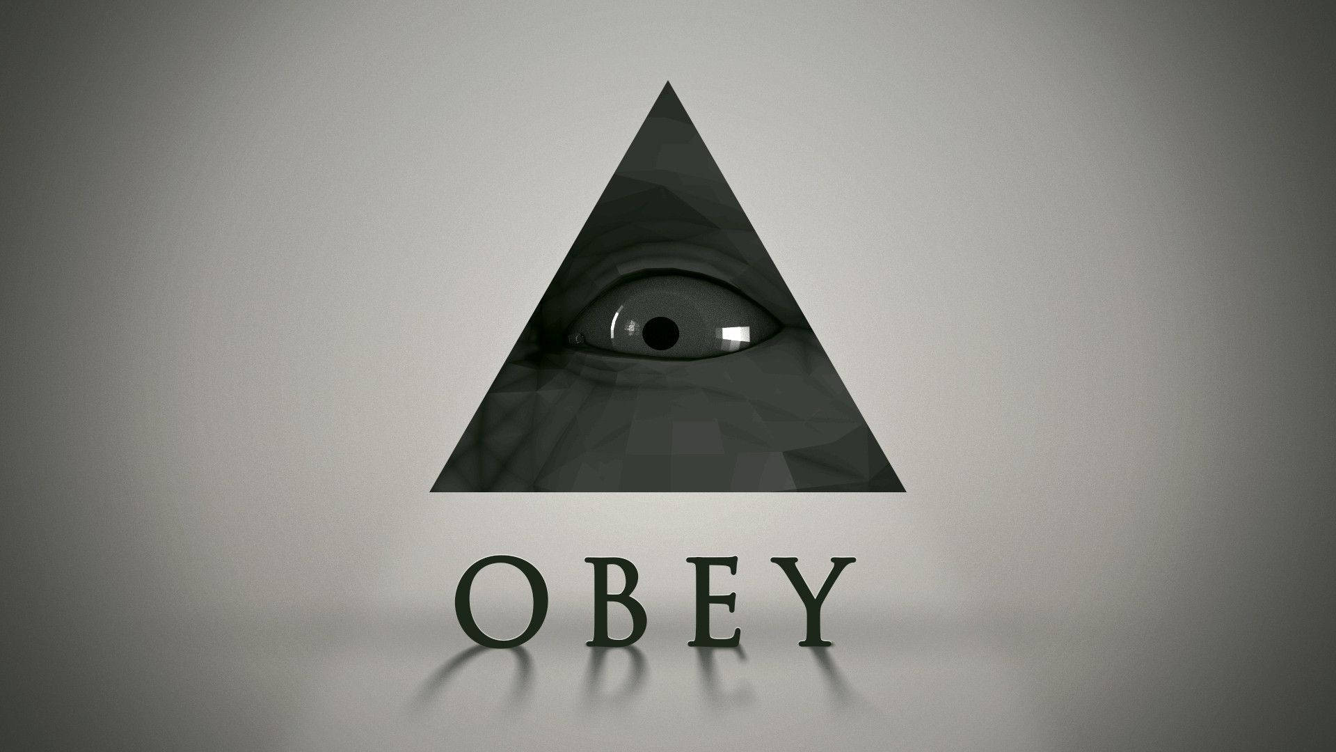 illuminati 桌布 壁紙 — 一個鮮明的黑色三角形包含一個詳細的人類眼睛直視前方，下方以粗體字寫著「OBEY」。