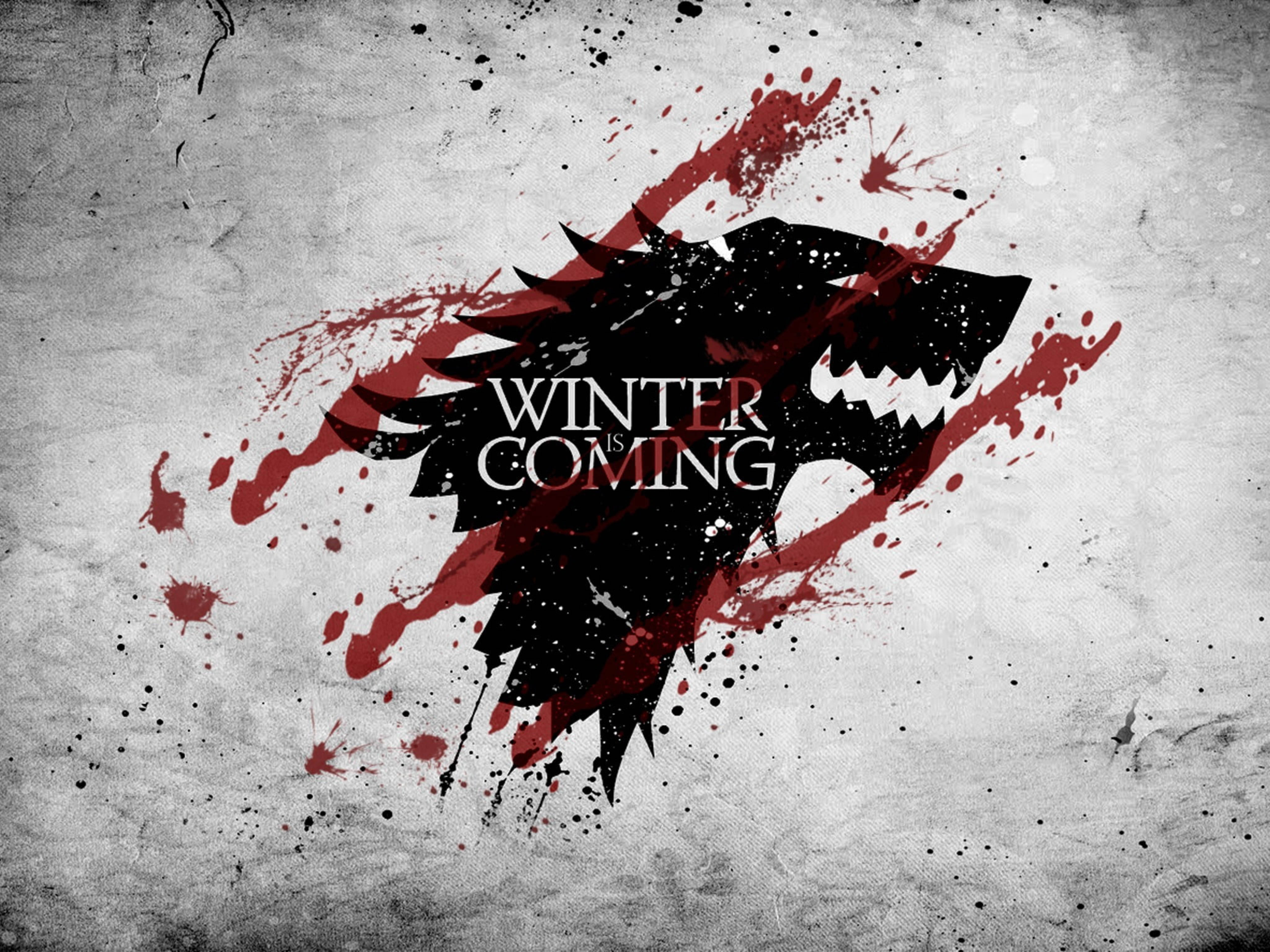 House Stark 桌布 壁紙 — 一個鮮明的黑色冰原狼頭，帶有紅色飛濺，以及短語 winter is coming，位於紋理灰色背景上。
