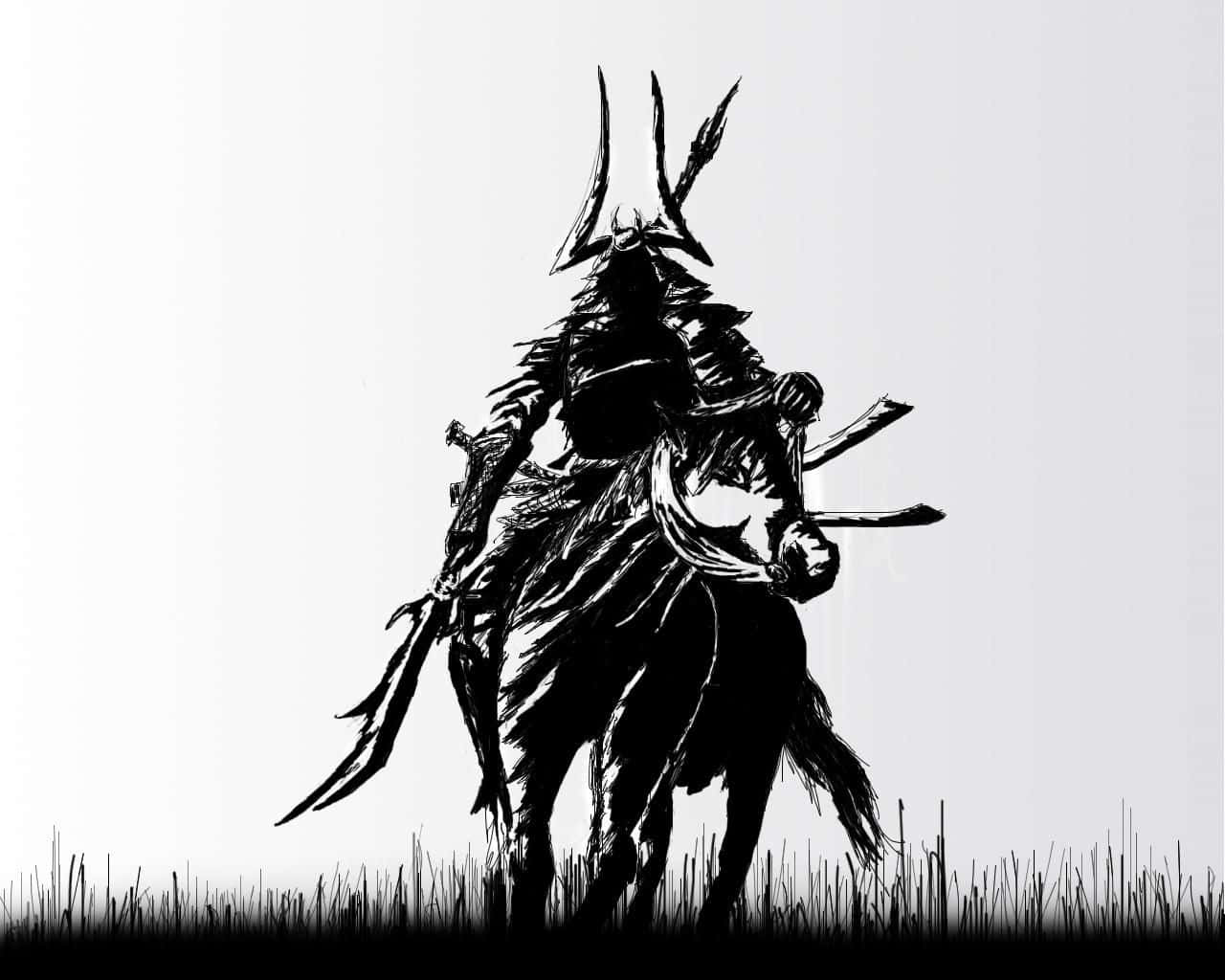 Black And White Samurai 桌布 壁紙 — 一個鮮明的黑色剪影，描繪一位武士騎在馬上，在純白背景前揮舞多把刀刃。