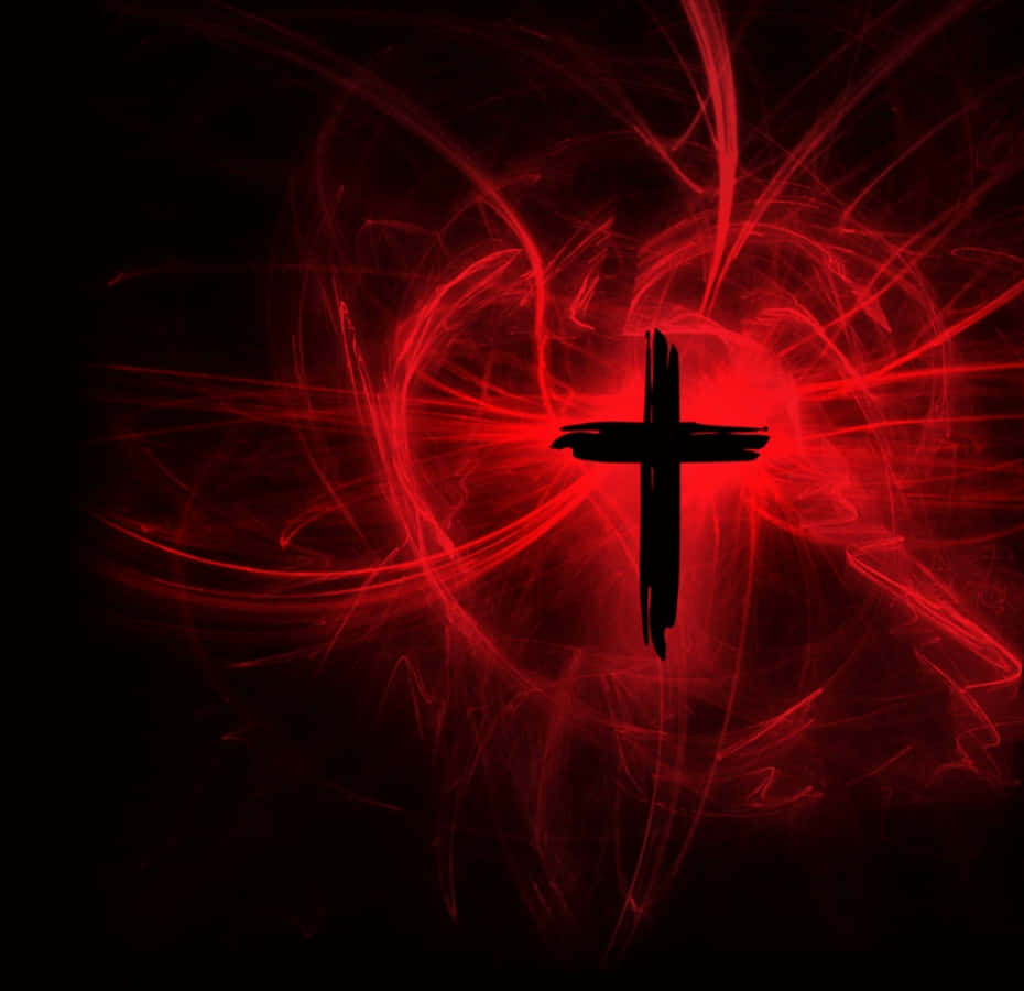 Cool Cross 桌布 壁紙 — 一個鮮明的黑色十字架在黑暗虛空中散發出強烈的紅色能量，周圍環繞著旋轉的深紅色光跡。