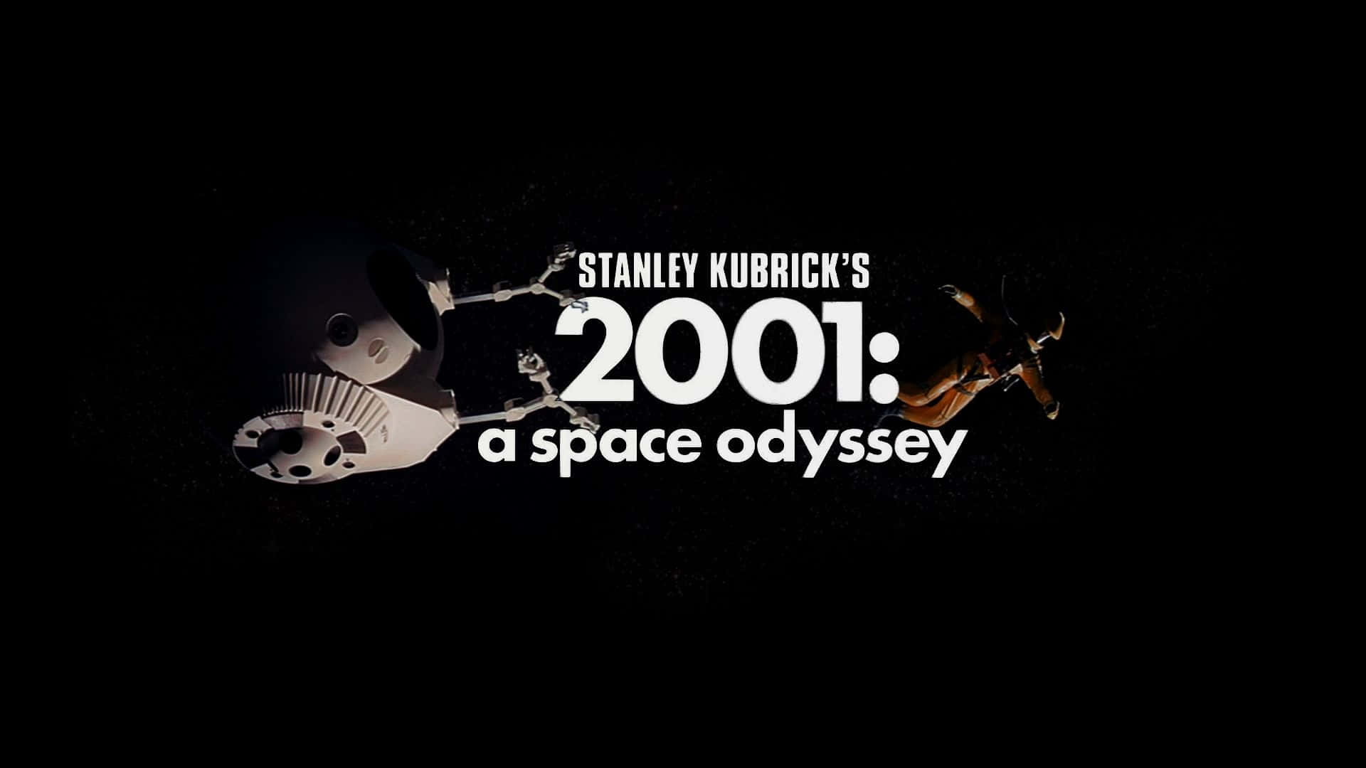 2001 A Space Odyssey 桌布 壁紙 — 一個鮮明的黑色太空背景，展示了一艘白色太空船和漂浮的太空人，旁邊是粗體白色文字，寫著 Stanley Kubricks 2001 a space odyssey。