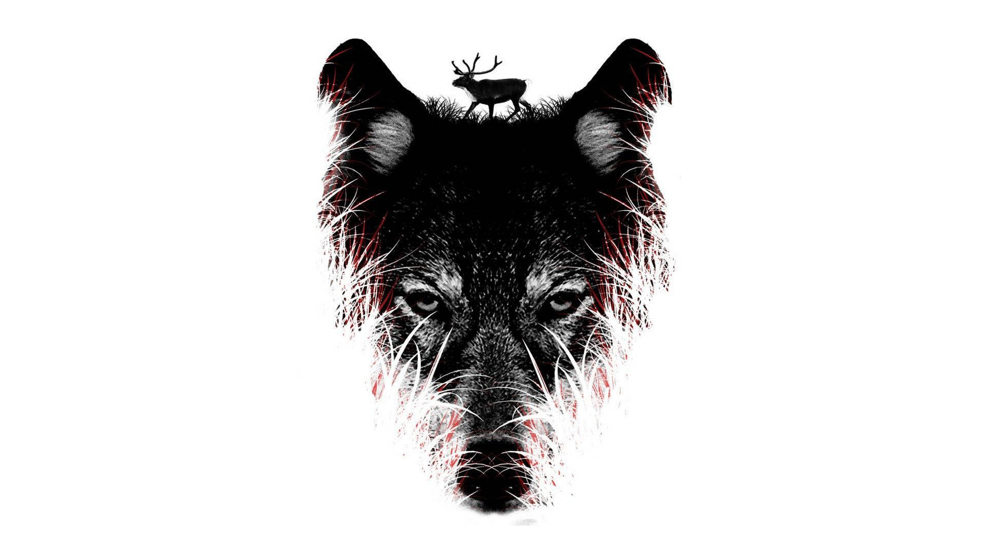 HD Wolf 桌布 壁紙 — 一個鮮明的黑色狼頭，耳朵上棲息著一隻小鹿，背景為白色，帶有紅色和白色的潑濺點綴。