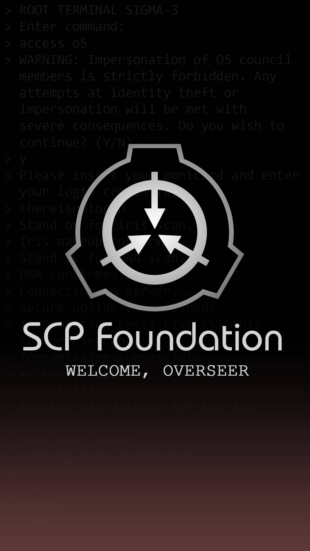 SCP 桌布 壁紙 — 一個鮮明的黑色終端機畫面顯示SCP基金會的標誌和警告文字，底部帶有紅色漸變色調。