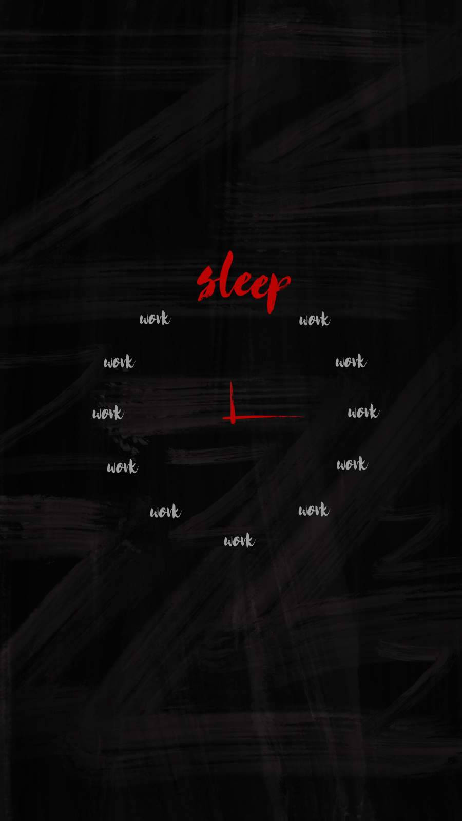 藝術 桌布 壁紙 — 一個鮮明的黑色背景，帶有紅色「sleep」和白色「work」文字，排列成時鐘指針的形狀。