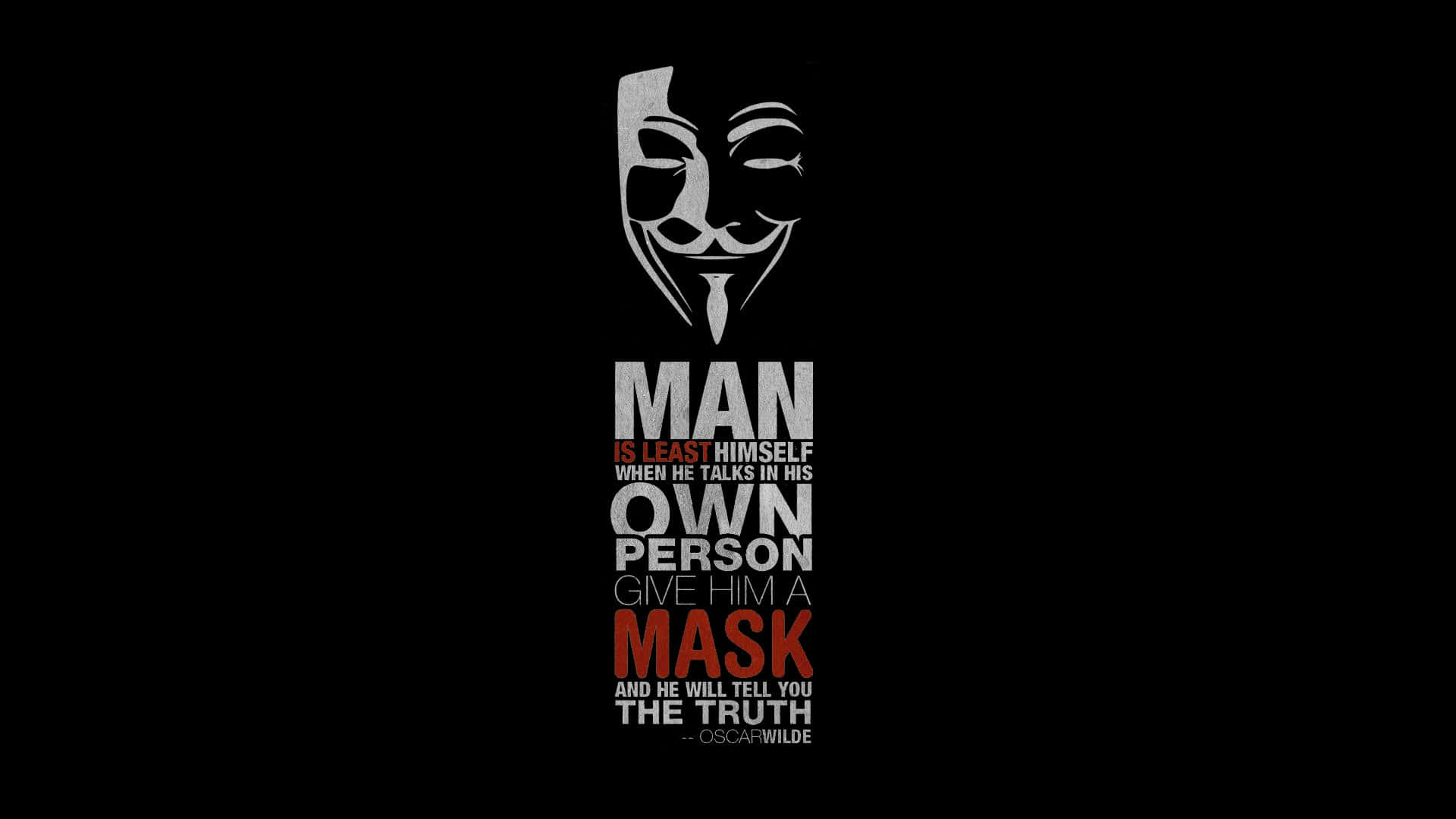 匿名 桌布 壁紙 — 一個鮮明的黑色背景上，有一個白色的 Guy Fawkes 面具，上方是奧斯卡·王爾德關於真相與面具的大膽引言。