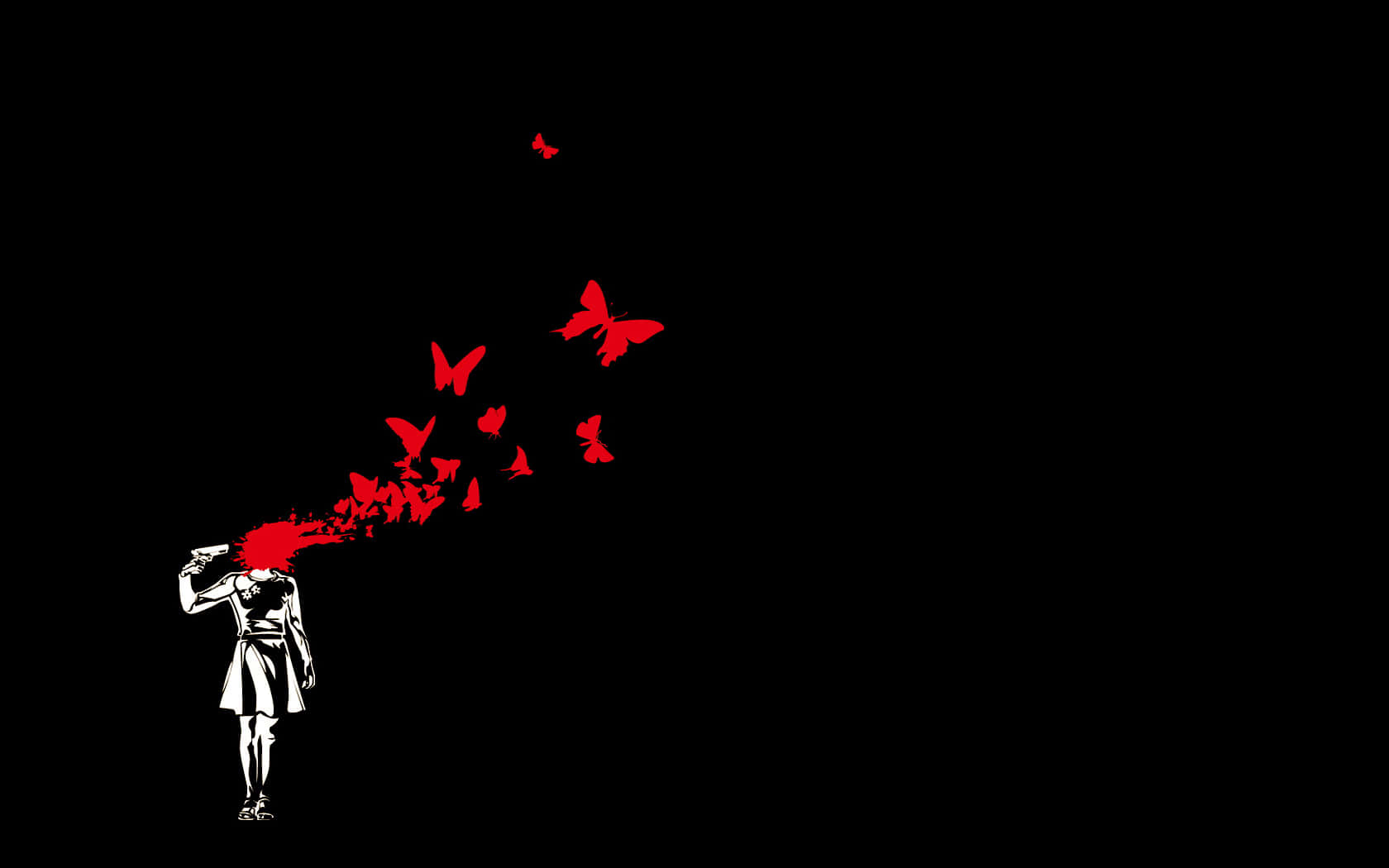 Red Butterfly 桌布 壁紙 — 一個鮮明的黑色背景上，有一個白色剪影的人正在開槍，從槍口爆出紅色蝴蝶。