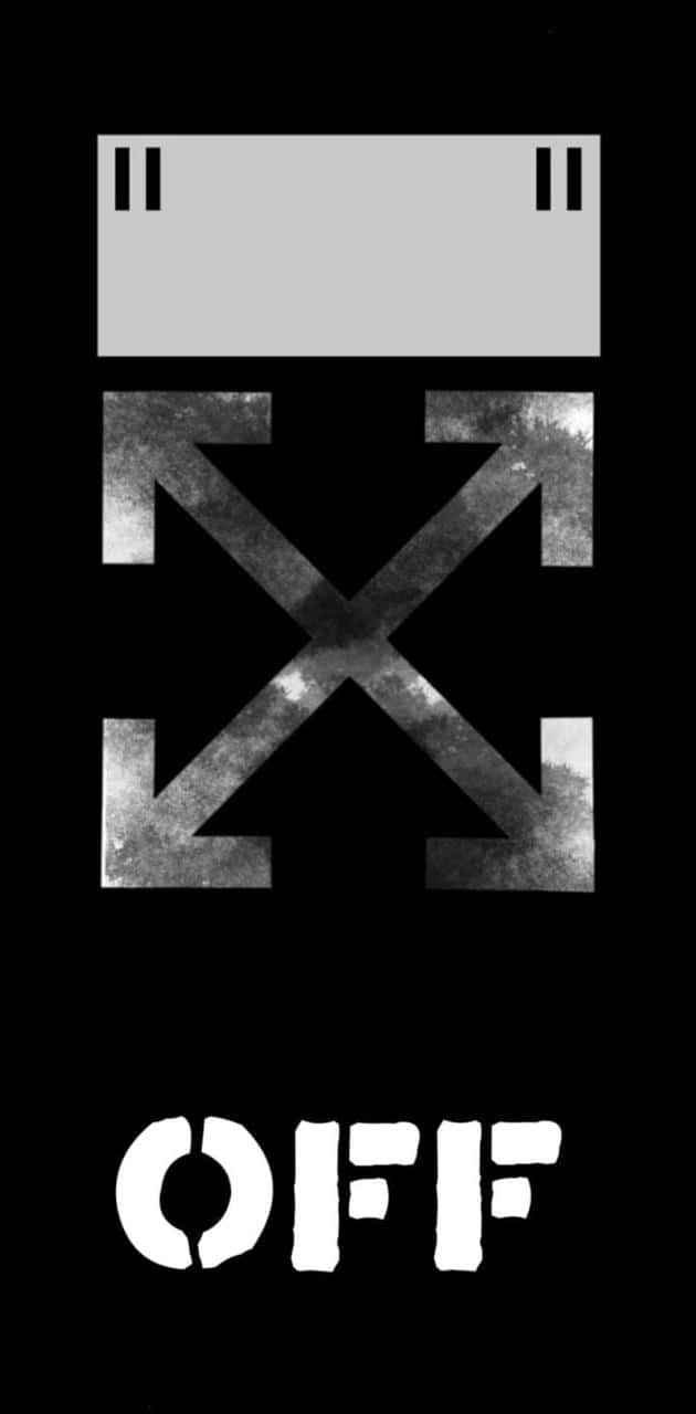 Off White iPhone 桌布 壁紙 — 一個鮮明的黑色背景上，有一個紋理灰色箭頭組成的十字架，指向外，上方有粗體白色字母寫著 OFF。