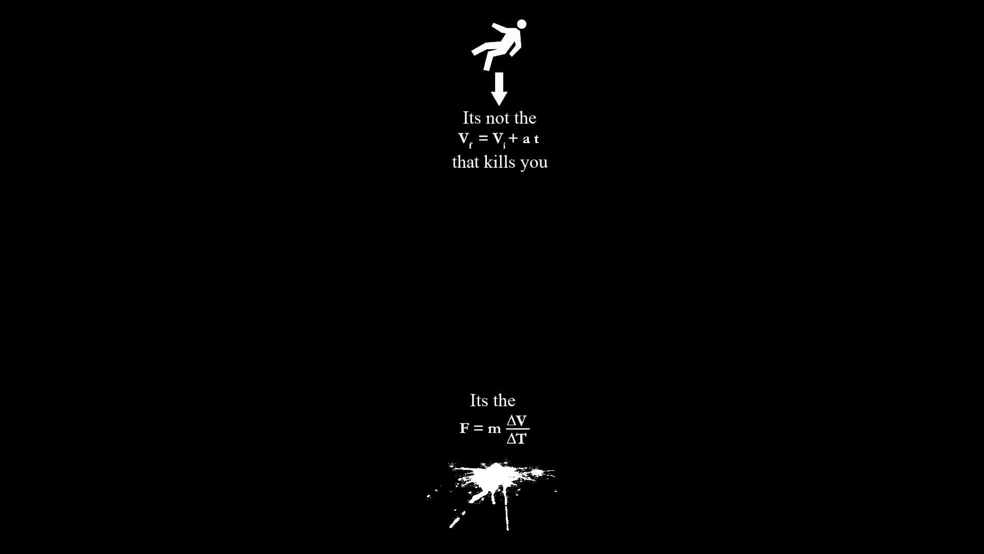 Dark Digital Art 桌布 壁紙 — 一個鮮明的黑色背景上帶有白色文字和符號，說明關於加速度和力造成傷害的物理概念。