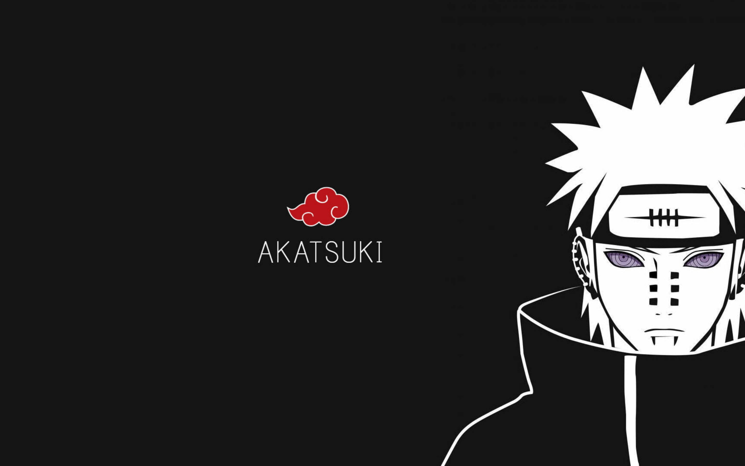 akatsuki phone 桌布 壁紙 — 一個鮮明的黑色背景上有一個白色線條動漫角色，擁有紫色眼睛和紅色曉組織雲朵標誌。