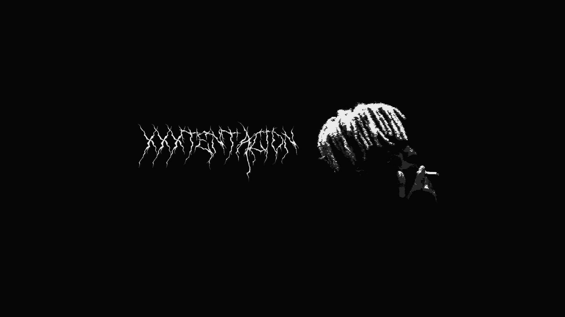 xxxtentacion 電腦 桌布 壁紙 — 一個鮮明的黑色背景上有一個白色風格化標誌和一個留著辮子、手持吉他的人的剪影。
