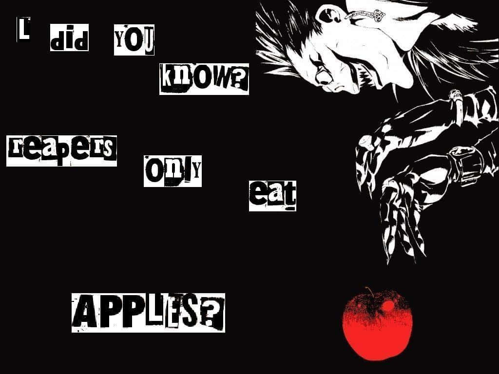 Sad Anime Quotes 桌布 壁紙 — 一個鮮明的黑色背景上有一個風格化的動漫死神，有著尖刺頭髮和機械手臂，正伸向一個發光的紅蘋果，周圍是碎片化的文字，詢問死神是否只吃蘋果。
