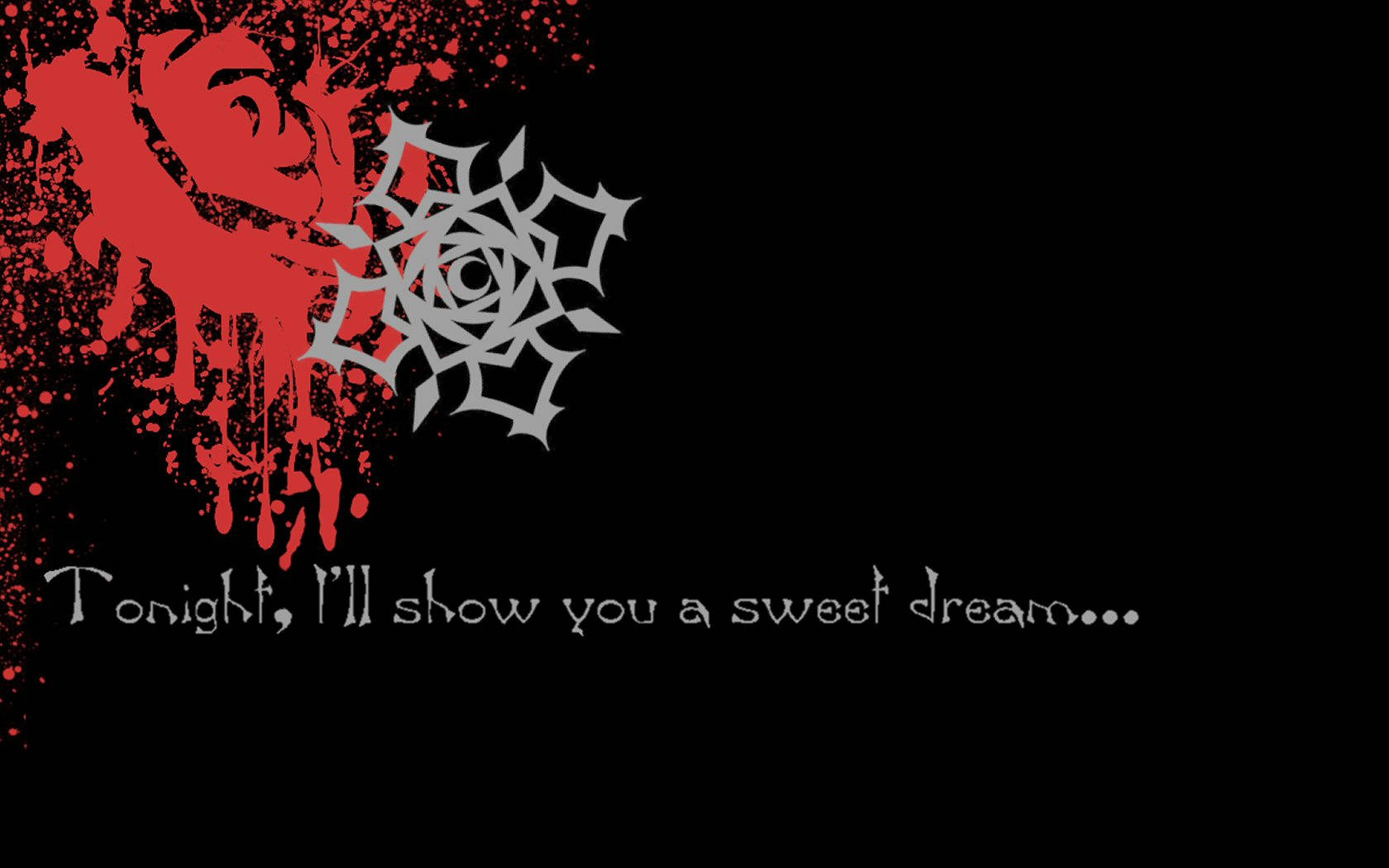 Vampire Knight 桌布 壁紙 — 一個鮮明的黑色背景上有一朵滴血的紅玫瑰和一個銀色華麗的眼睛，下方文字寫著「今晚我會給你一個甜美的夢」