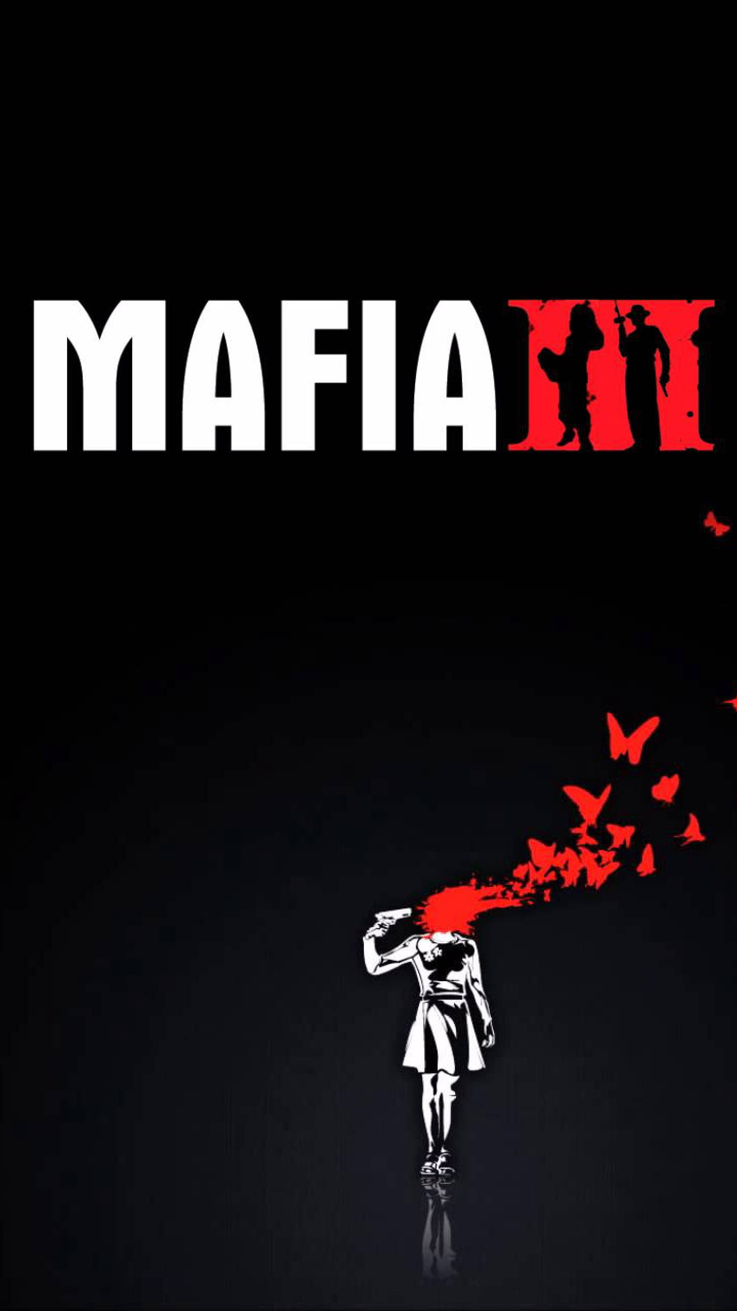 黑手黨 桌布 壁紙 — 一個鮮明的黑色背景上顯示標題「MAFIA III」，有一個白色女性剪影正在開槍，釋放出紅色蝴蝶，上方有兩個紅色剪影。