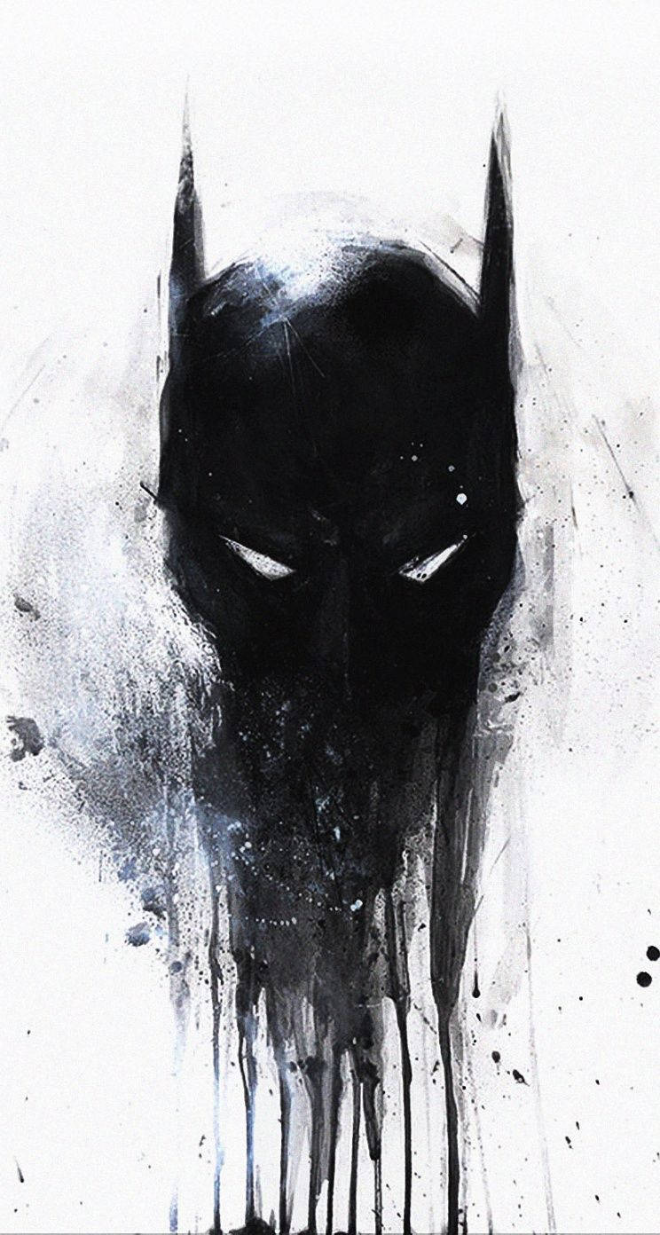 The Batman iPhone 桌布 壁紙 — 一個鮮明的黑色蝙蝠俠面具在白色背景上向下滴落，帶有濺墨效果。
