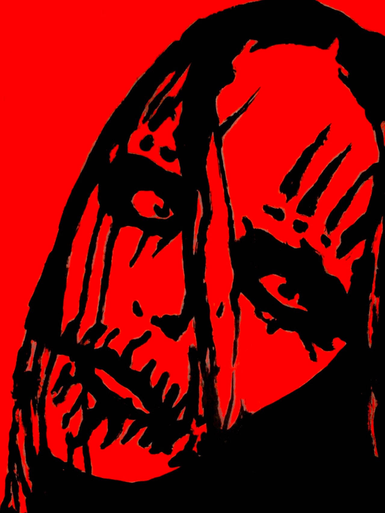 Joey Jordison 桌布 壁紙 — 一個鮮明黑色剪影，長髮，在鮮紅色背景上，以大膽的圖形風格呈現。