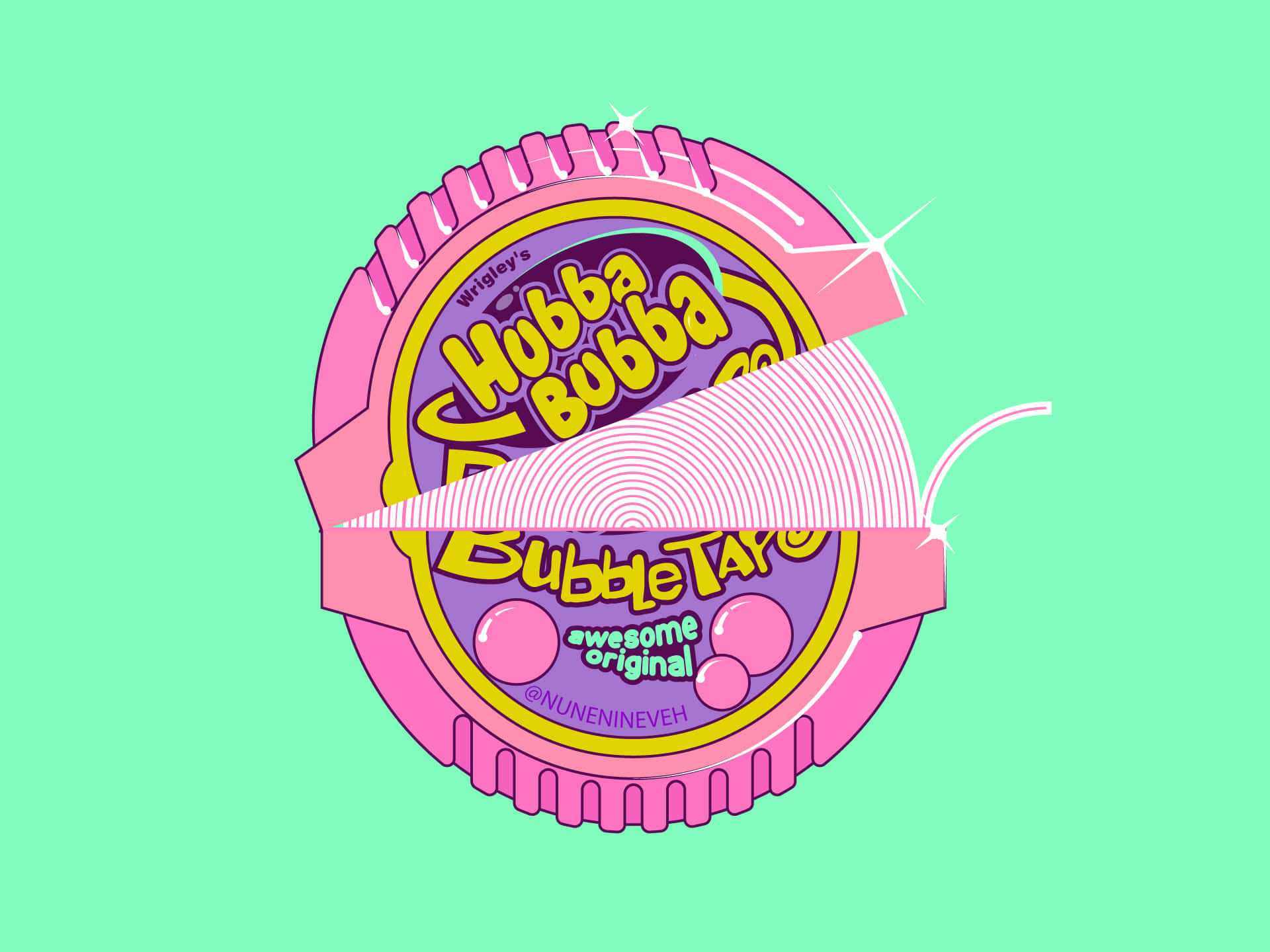 90s Style 桌布 壁紙 — 一個鮮粉紅色的 Hubba Bubba 泡泡糖包裝紙在薄荷綠色背景上被撕開，帶有閃光。