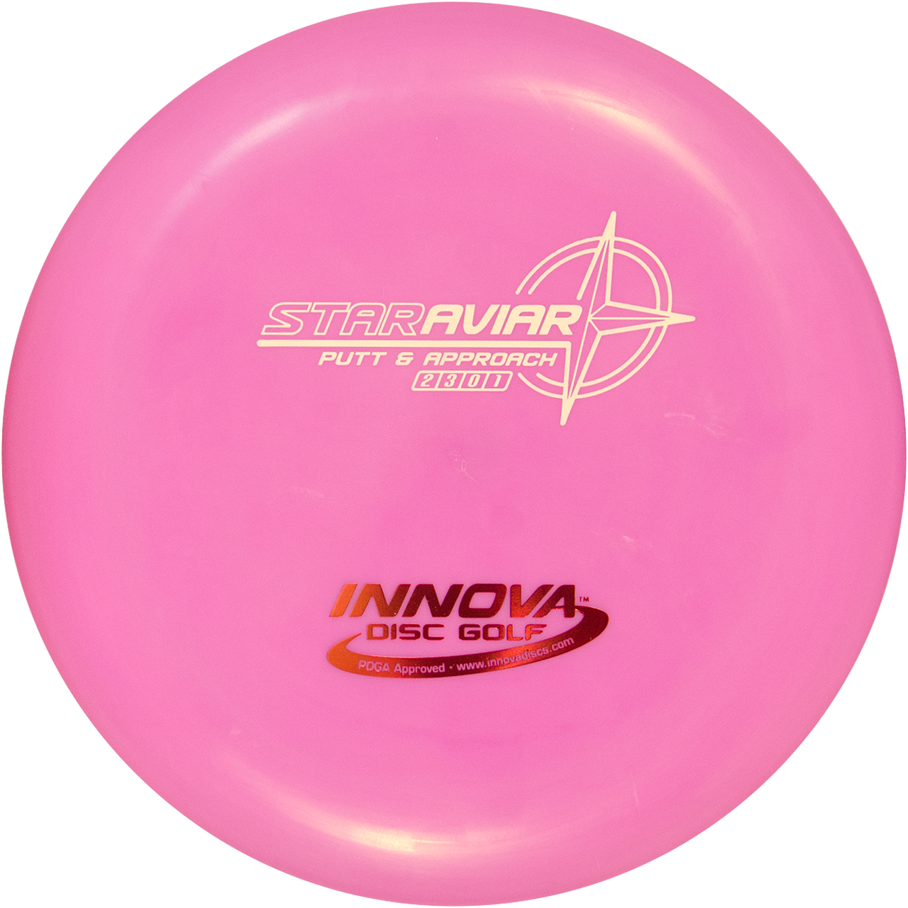 Frisbee 桌布 壁紙 — 一個鮮粉紅色的Innova Star Aviar飛盤高爾夫飛盤，帶有白色和紅色的品牌標誌，背景為黑色。
