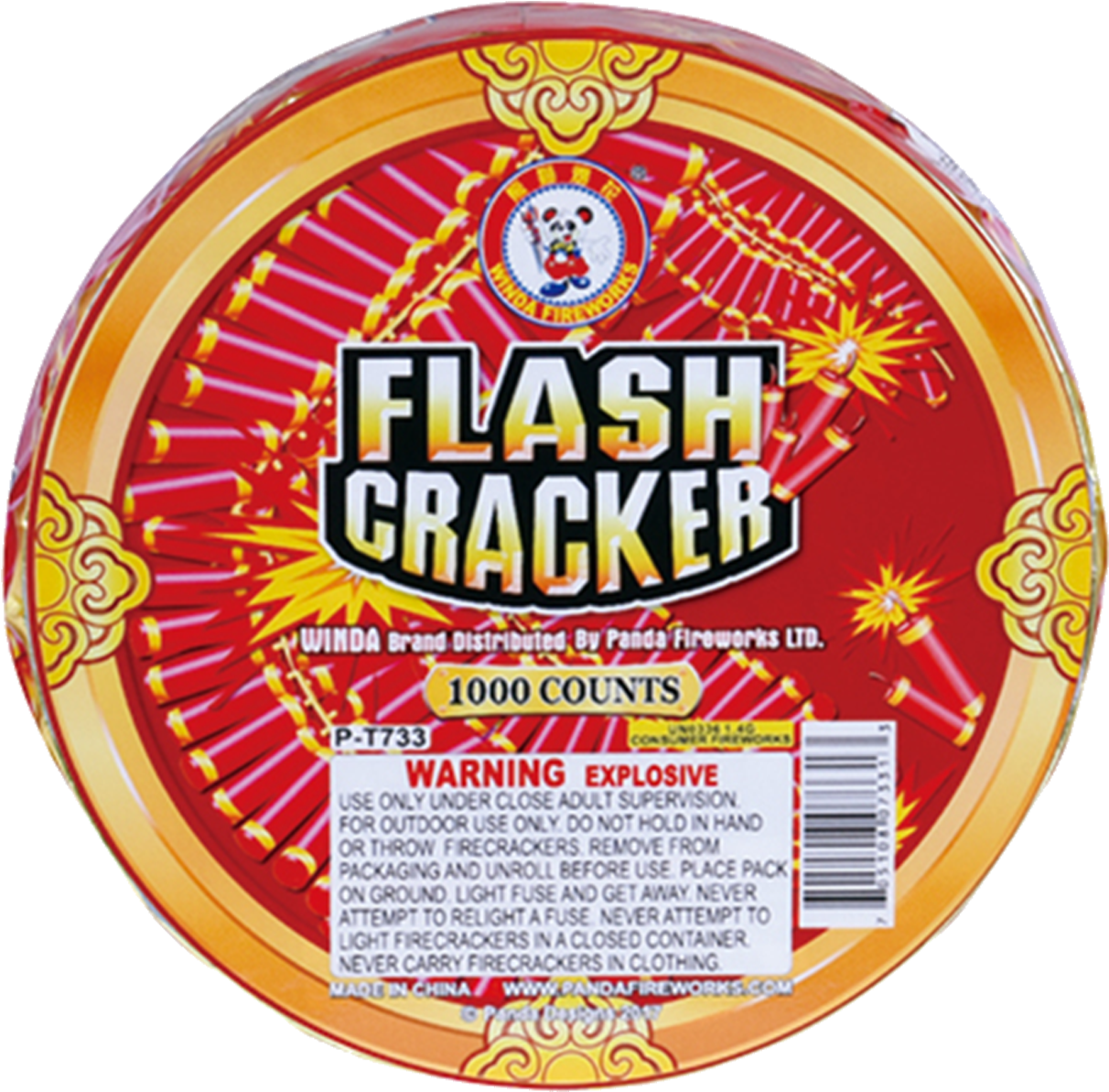 Firecracker 桌布 壁紙 — 一個鮮紅色和金色的圓形包裝，內含1000個閃光爆竹，帶有熊貓標誌和爆炸警告文字。