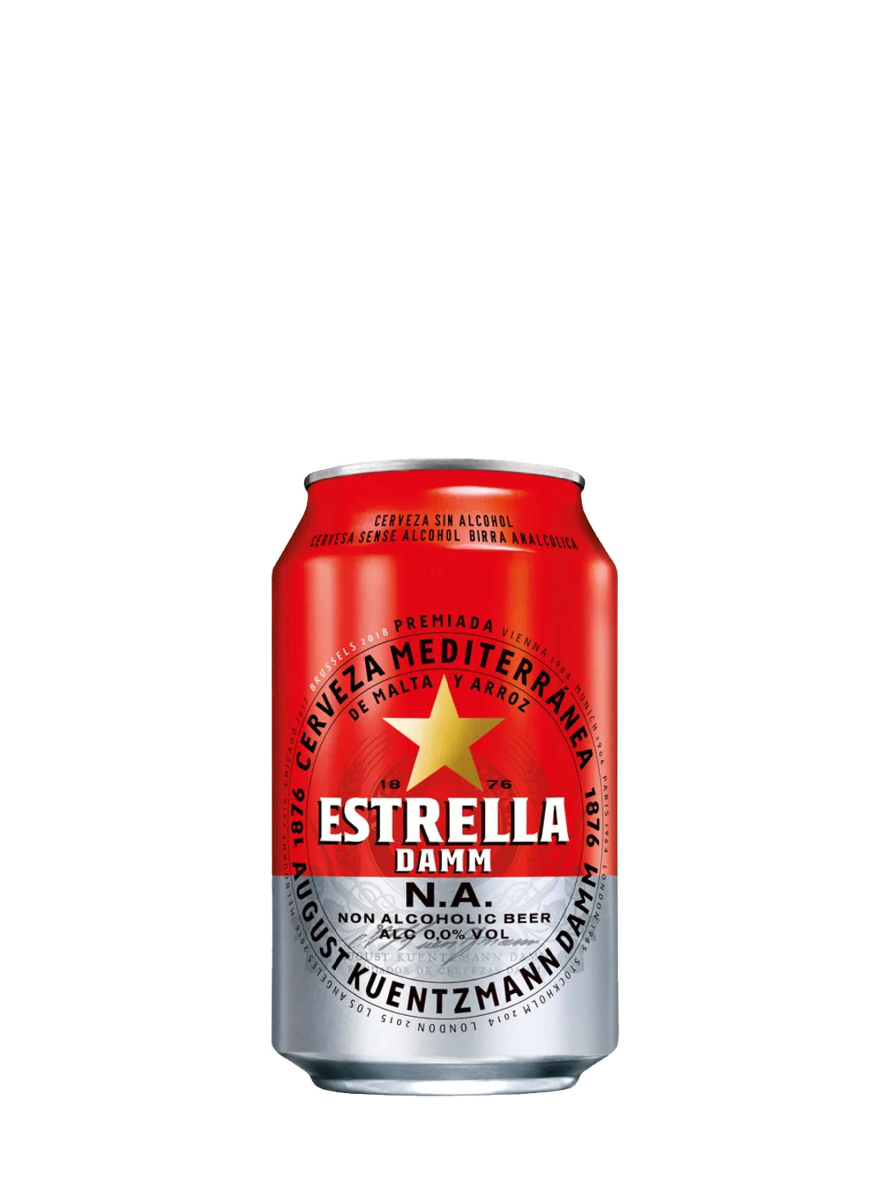 Beer 桌布 壁紙 — 一個鮮紅色和銀色的 Estrella Damm 無酒精啤酒罐，孤立地矗立在純白色背景前。