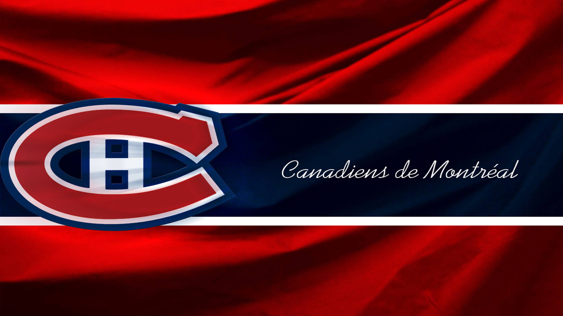 Canadiens 桌布 壁紙 — 一個鮮紅色布料橫幅，上面有醒目的蒙特婁加拿大人隊標誌及白色字體隊名。