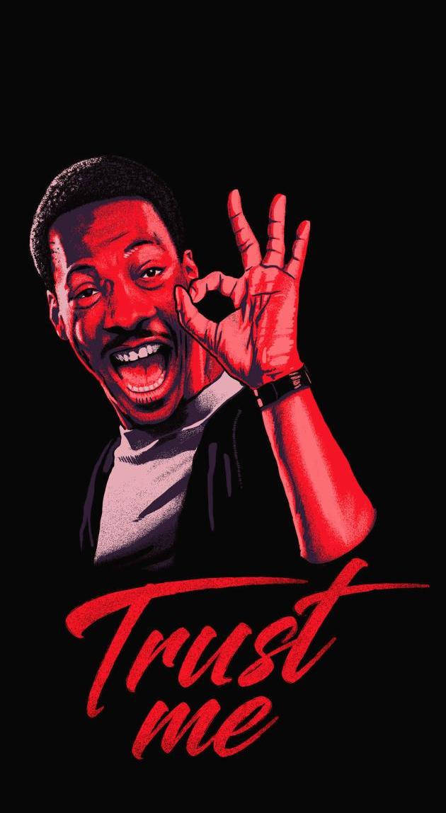 eddie murphy 桌布 壁紙 — 一個鮮紅色插圖肖像，描繪一個微笑的男人在黑色背景上做出「OK」手勢，並帶有「Trust me」文字。