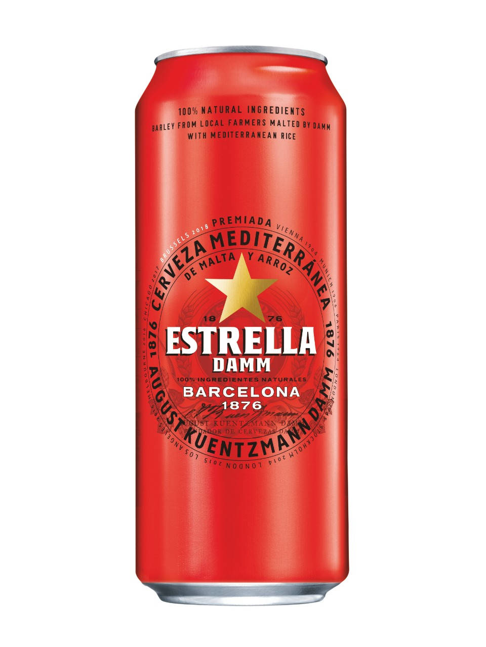 Beer 桌布 壁紙 — 一個鮮紅色的 Estrella Damm 啤酒罐，帶有金色星星標誌和白色文字，立在潔白的背景上。