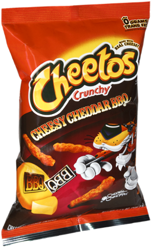 剪貼畫 桌布 壁紙 — 一個鮮紅色的Cheetos Crunchy Cheesy Cheddar BBQ零食袋，卡通吉祥物拿著一塊薯片。