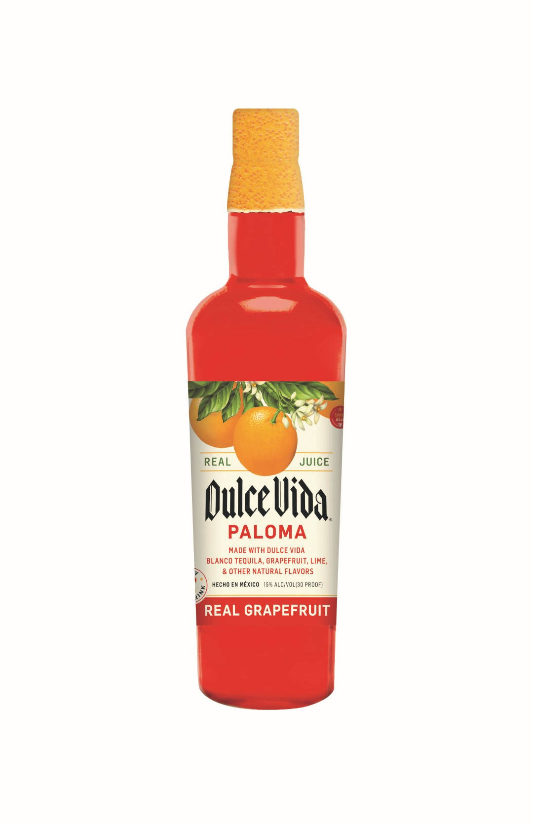cocktail 桌布 壁紙 — 一個鮮紅色的Dulce Vida Paloma雞尾酒瓶，配有軟木塞和柑橘主題標籤，背景為潔淨的白色。
