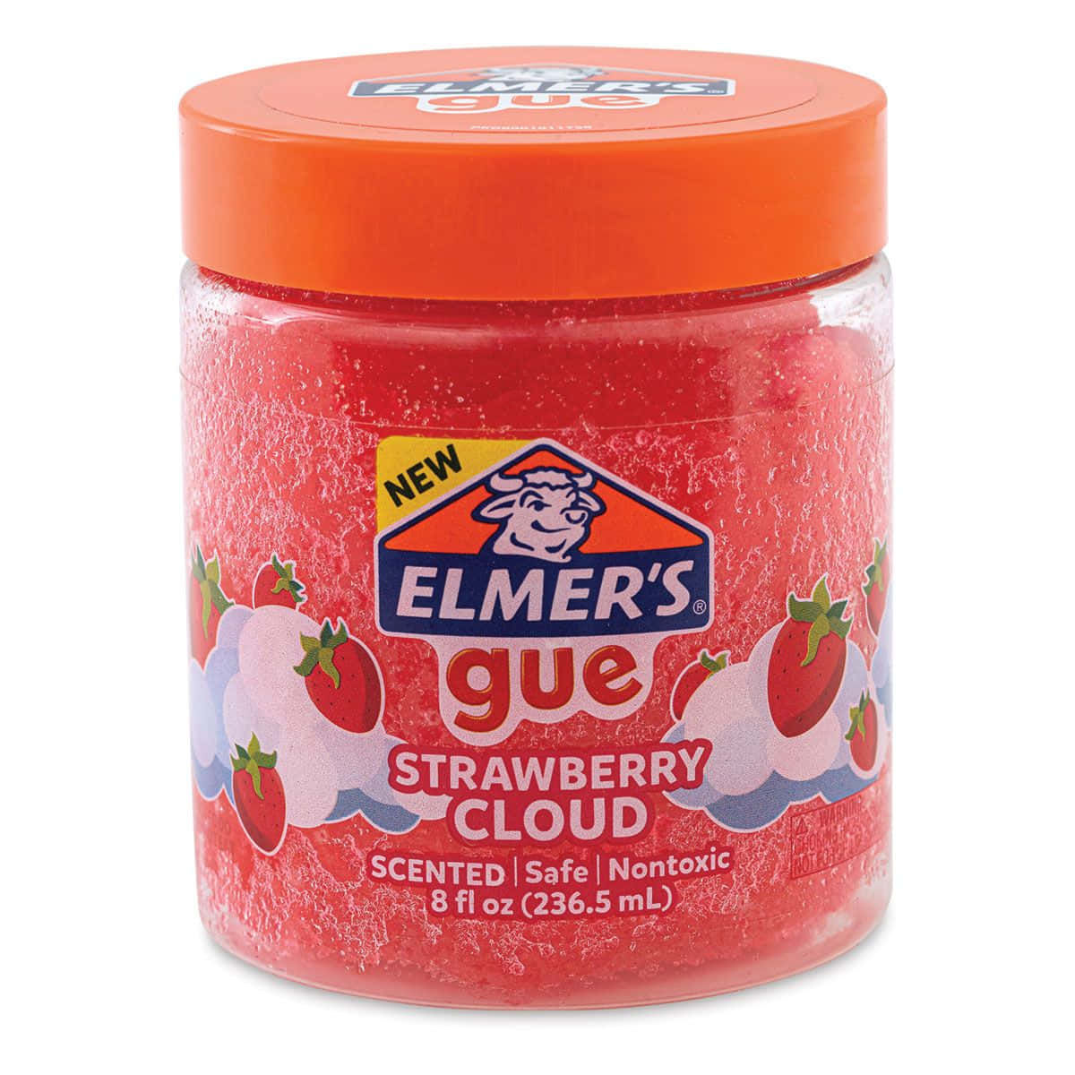 slime 桌布 壁紙 — 一個鮮紅色的Elmer's Strawberry Cloud香味膠水罐，帶橙色蓋子和俏皮的草莓雲圖案。
