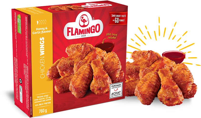 水牛 桌布 壁紙 — 一個鮮紅色的Flamingo雞翅盒，旁邊有金黃色的雞翅和燒烤醬，散發出黃色閃光。