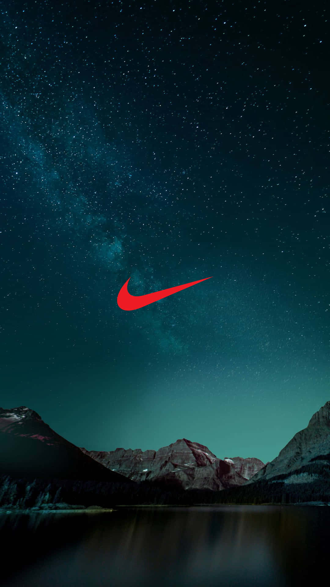 紅色Nike標誌在繁星點點的夜空上，下方是山湖 — Nike GIF 壁紙