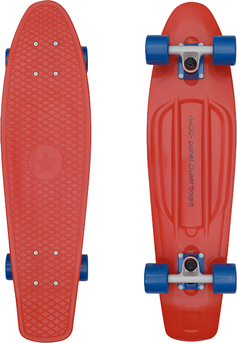 滑板 桌布 壁紙 — 一個鮮紅色的penny board滑板，從頂部和底部視角展示在潔白背景上。